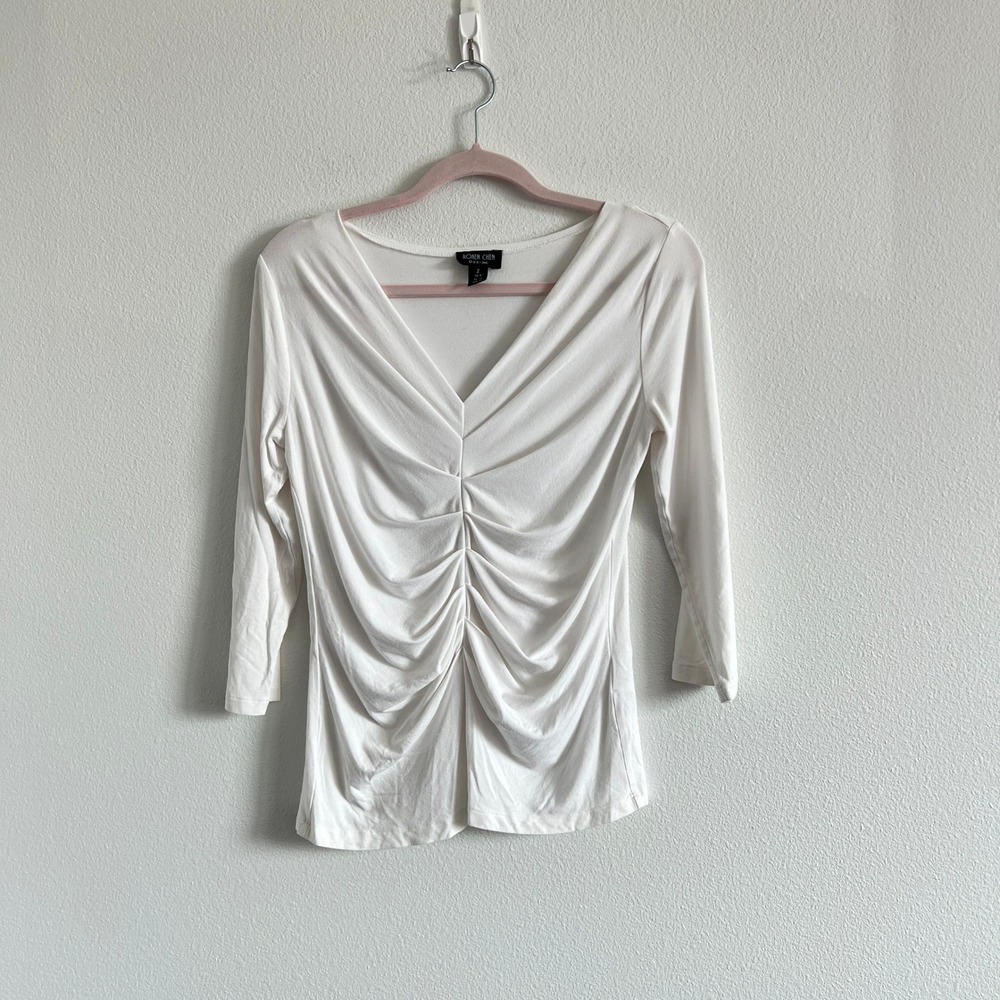 Ronen Chen Basix White Ruched V-Neck Top 2 Early 2000s Quiet Luxury Old Money